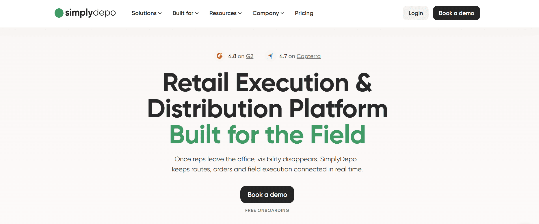 SimplyDepo homepage screenshot with "Retail Execution & Distribution Platform Built for the Field" headline, login and demo links.