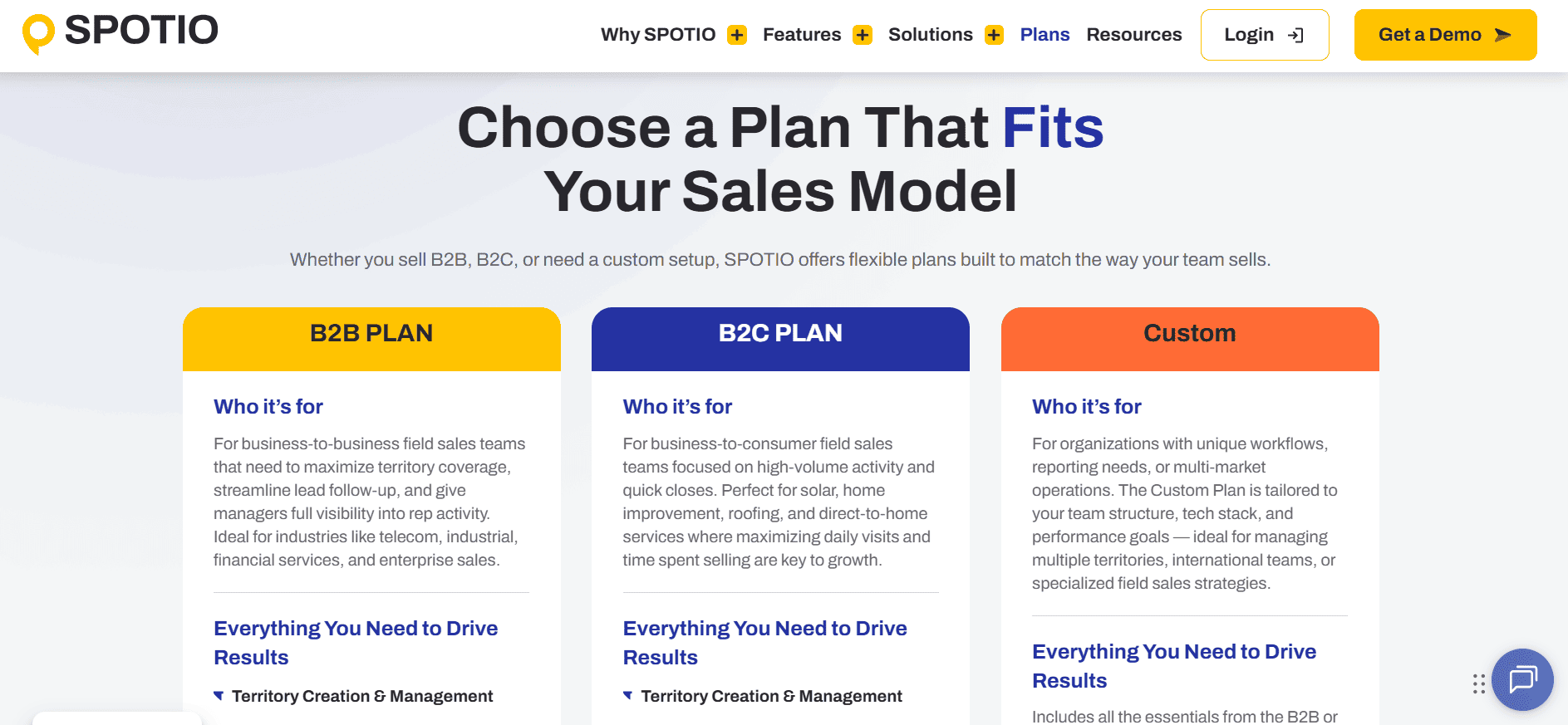 SPOTIO pricing page screenshot with B2B, B2C, and Custom sales software plans, featuring users, features, and territory management.
