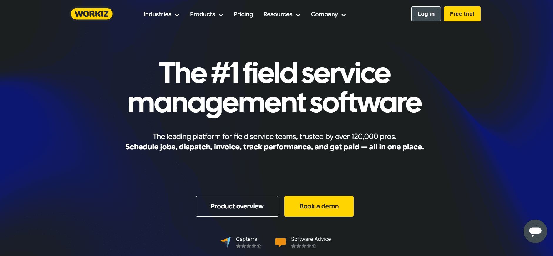 Workiz homepage screenshot showing bold headline for top field service management software, with product overview, demo, and login options.