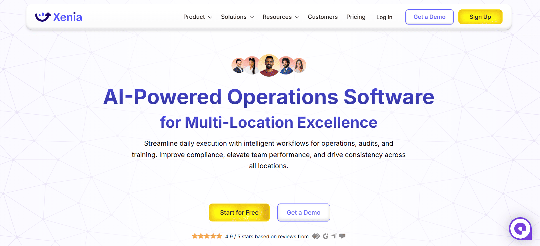 Xenia homepage with “AI-Powered Retail AI Software for Multi-Location Excellence” headline, Start for Free and Get a Demo buttons.