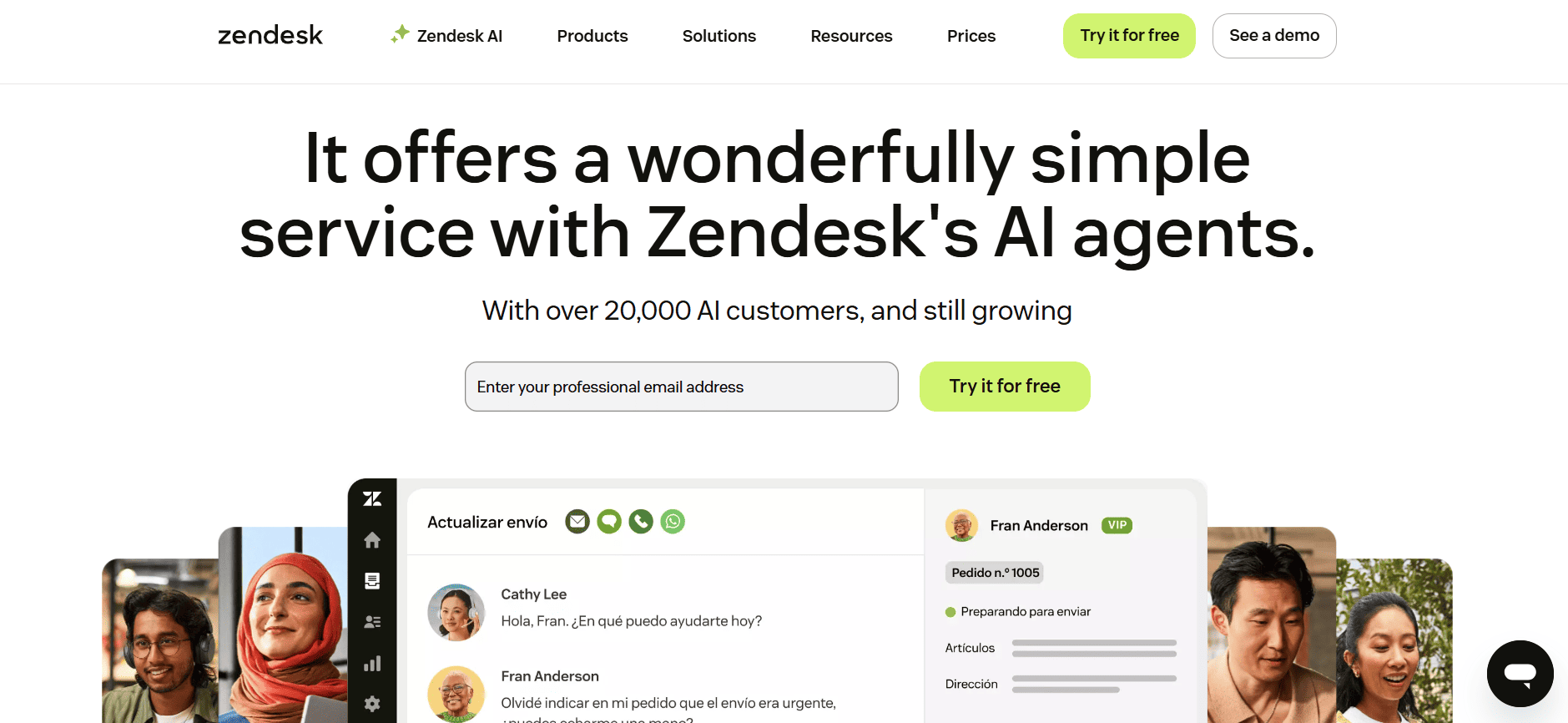 Zendesk 2026 website screenshot featuring AI agents, email input, and chat interface showing Retail AI Software for product orders.