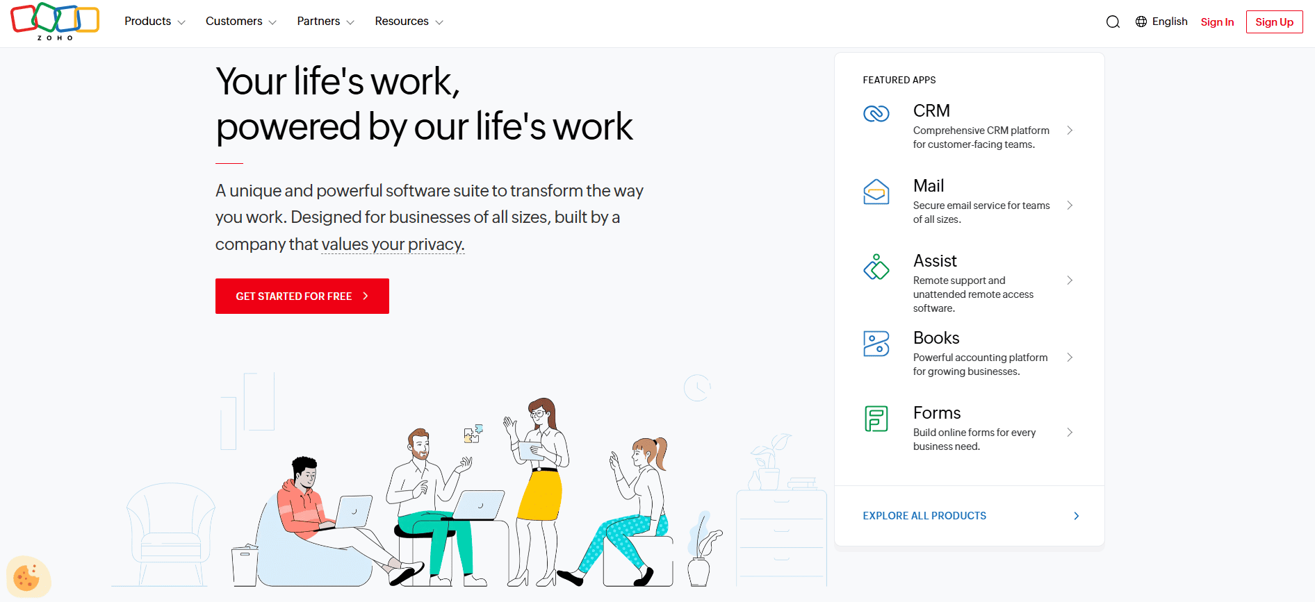 Zoho homepage with the slogan "Your life's work, powered by our life's work," features four people using laptops and phones. Sidebar lists CRM, Mail, Assist, Books, Forms—perfect Pipedrive alternative for retail teams in 2026.