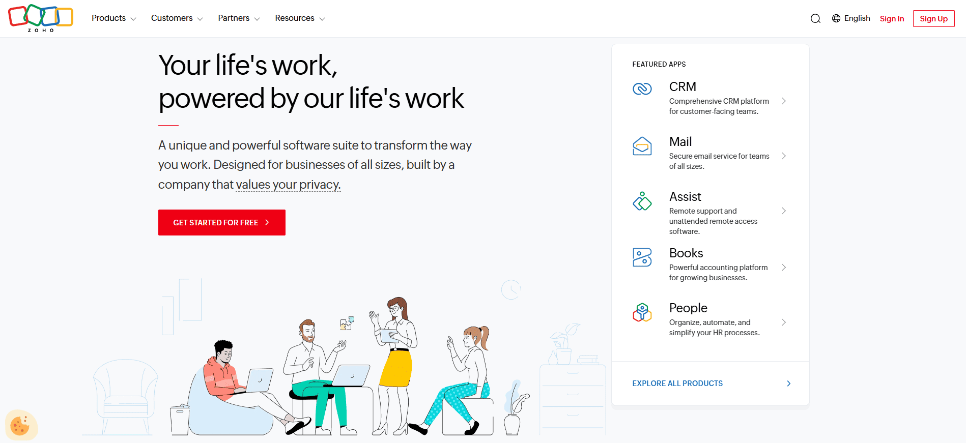 Zoho homepage screenshot with people at laptops, a cat nearby, headline "Your life's work, powered by our life's work," and app sidebar.