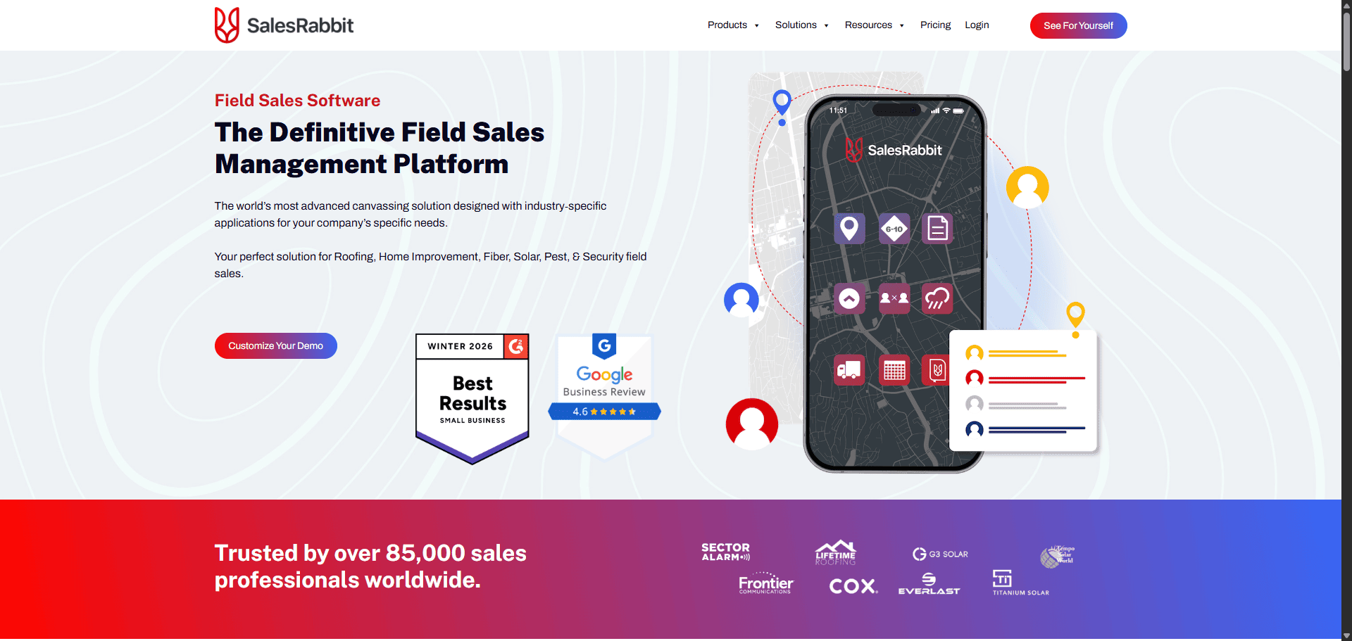 SalesRabbit homepage screenshot with a phone showing a sales map, review badges, and “The Definitive Field Sales Management Platform” headline.