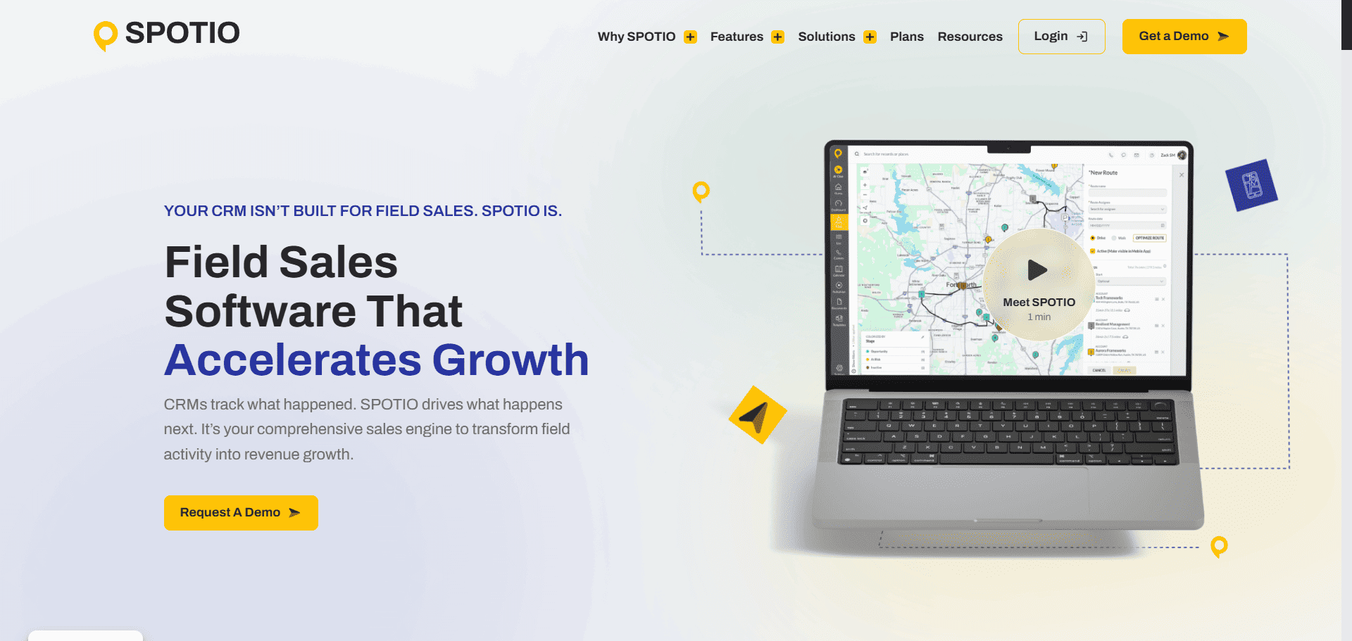 SPOTIO homepage with a growth-focused sales software headline, map dashboard on a laptop, and demo request buttons for team comparison.