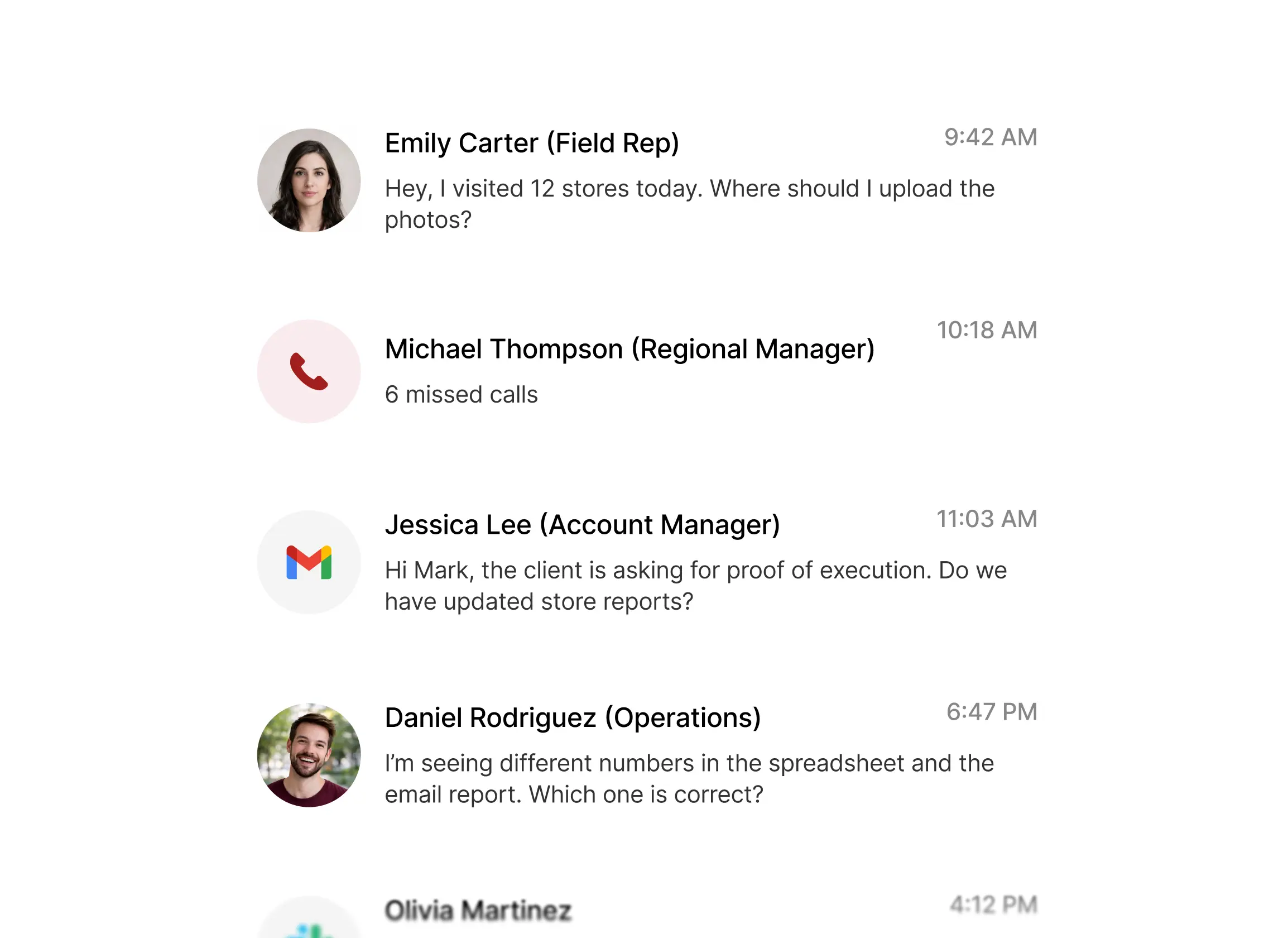 A team messaging app for distribution retail shows work chats, missed calls, profile pics, names, roles, timestamps, and message previews.