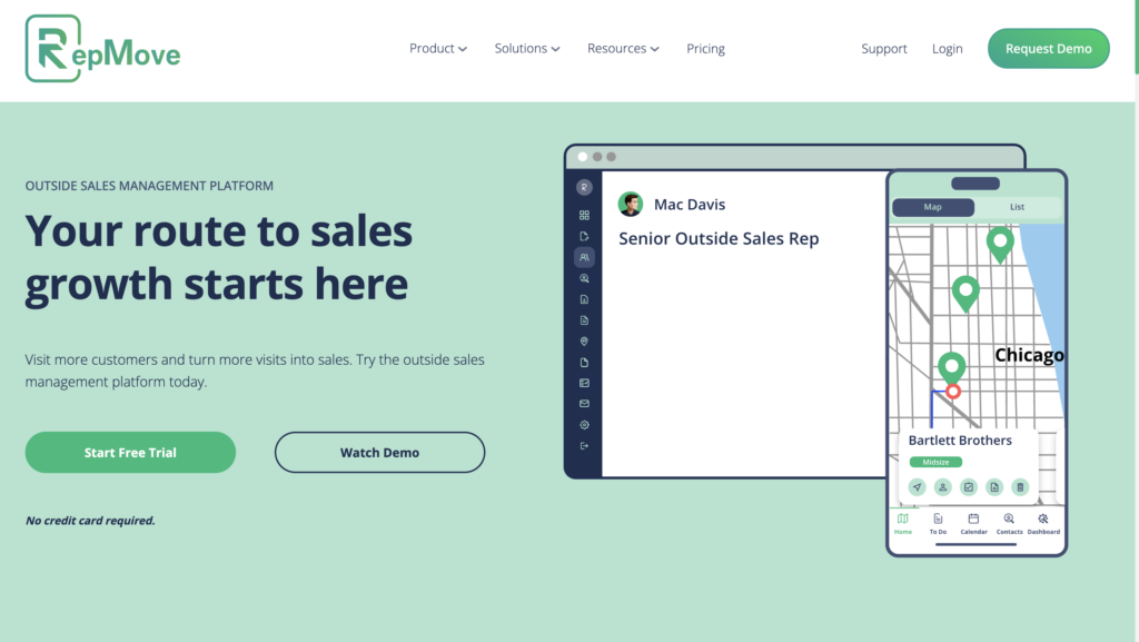 RepMove homepage displaying a sales dashboard, interactive map, trial and demo buttons, and the tagline: Your route to sales growth alt=