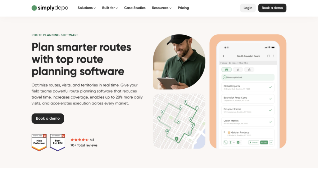 SimplyDepo Sales Route Planning Software page with a man on a tablet, phone showing routes, interactive map, and book demo button alt=