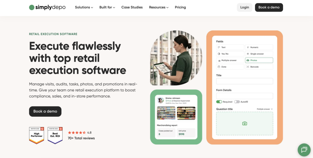 SimplyDepo homepage featuring a woman using a tablet in a store with retail execution software screenshots and tools for tasks and forms.