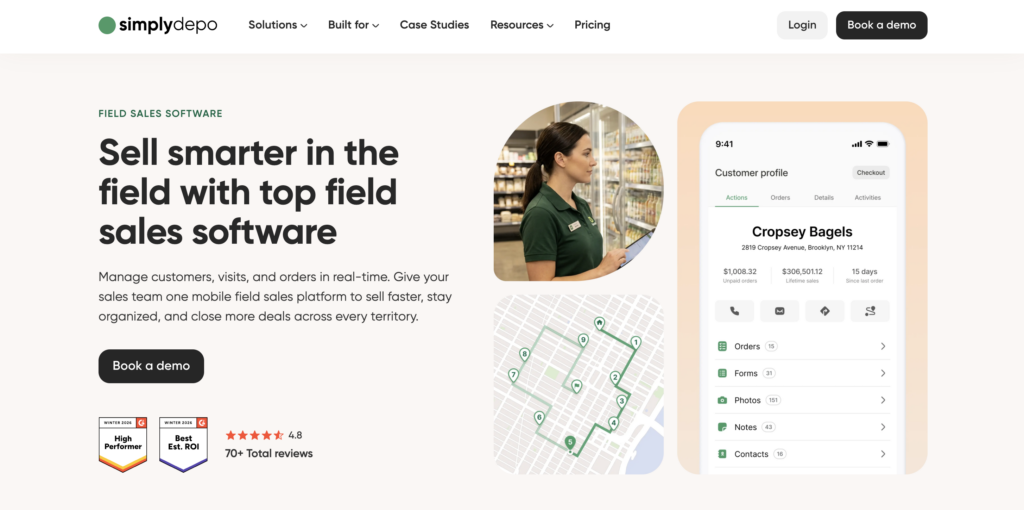 SimplyDepo field sales software webpage featuring a uniformed woman, Cropsey Bagels client info, route map, follow-up email tips, and demo CTA.