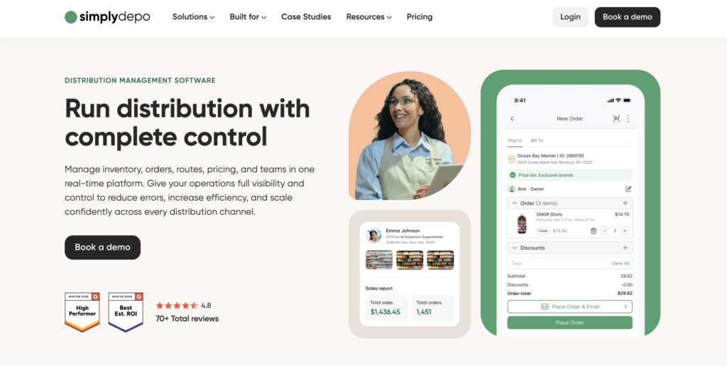 SimplyDepo distribution management software homepage with headline, smiling woman, mobile app preview, review stars, Trade Promotion highlights, and Book a Demo button.