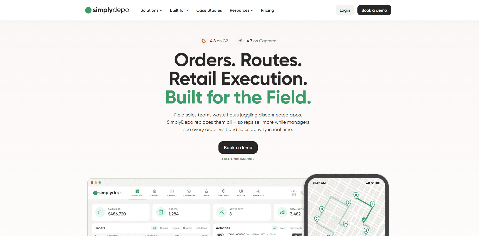 SimplyDepo homepage screenshot showing key features, a demo booking button, and dashboard to empower sales teams in the field.