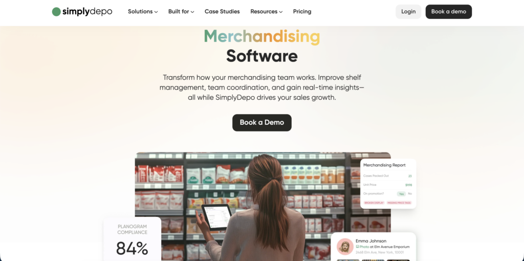 SimplyDepo homepage featuring a merchandiser scanning shelves with her phone, planogram compliance stats, and Book a Demo call to action.