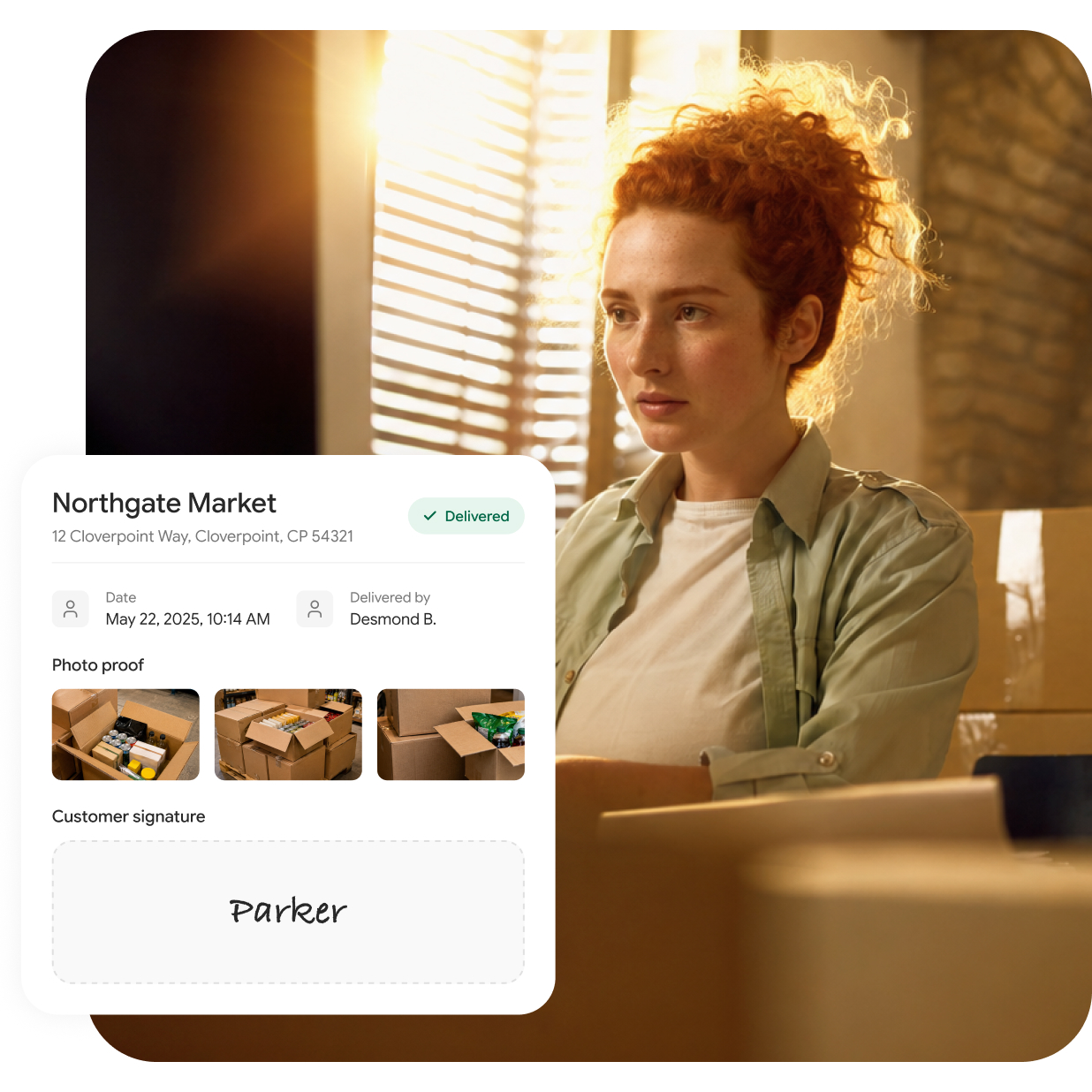 A cheerful individual with curly red hair sits beside several cardboard boxes bathed in warm sunlight. An on-screen overlay displays a Northgate Market delivery confirmation, featuring the delivery date, photographic proof of the packages, and a digital signature labeled "Parker.