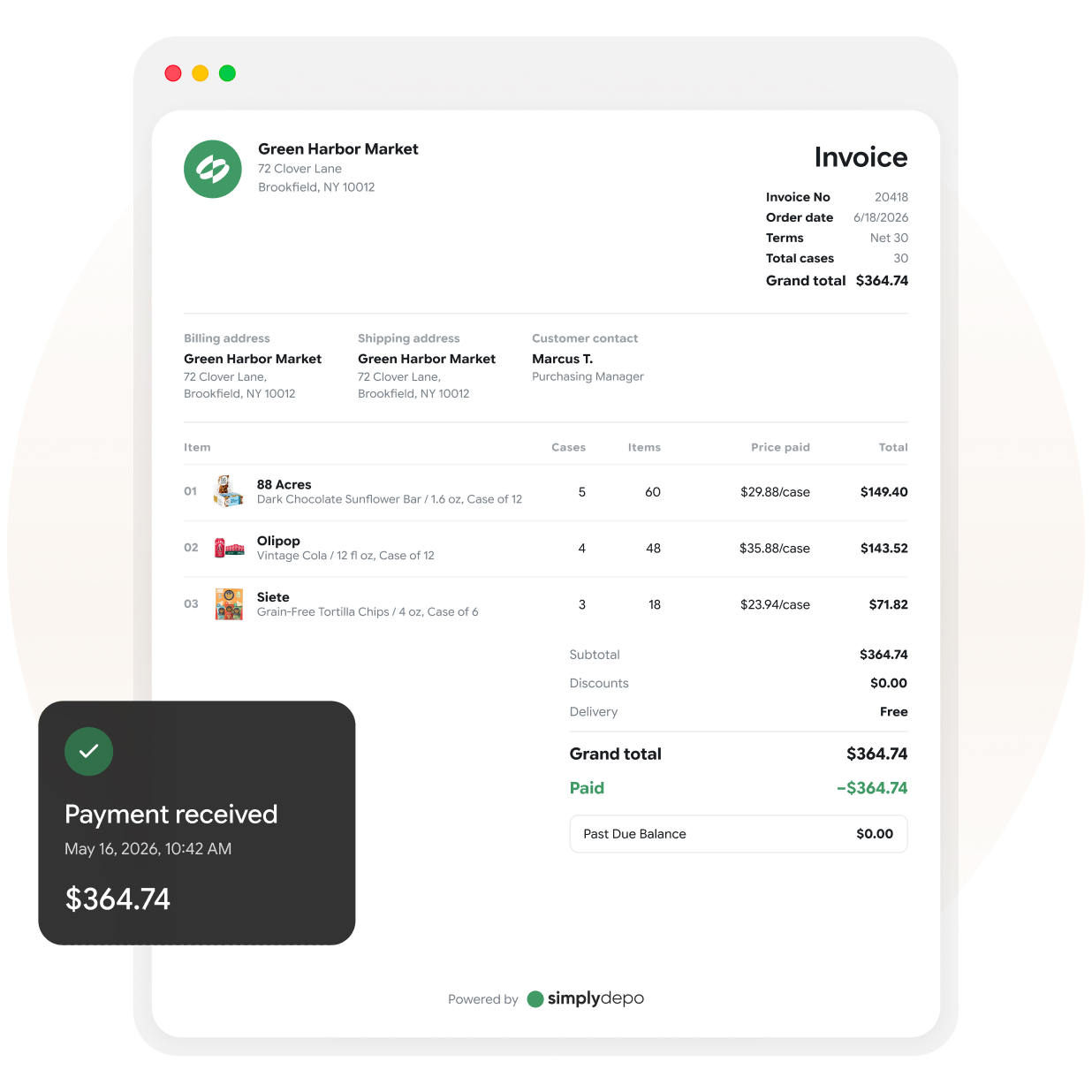 Customer invoice connected to SimplyDepo order management