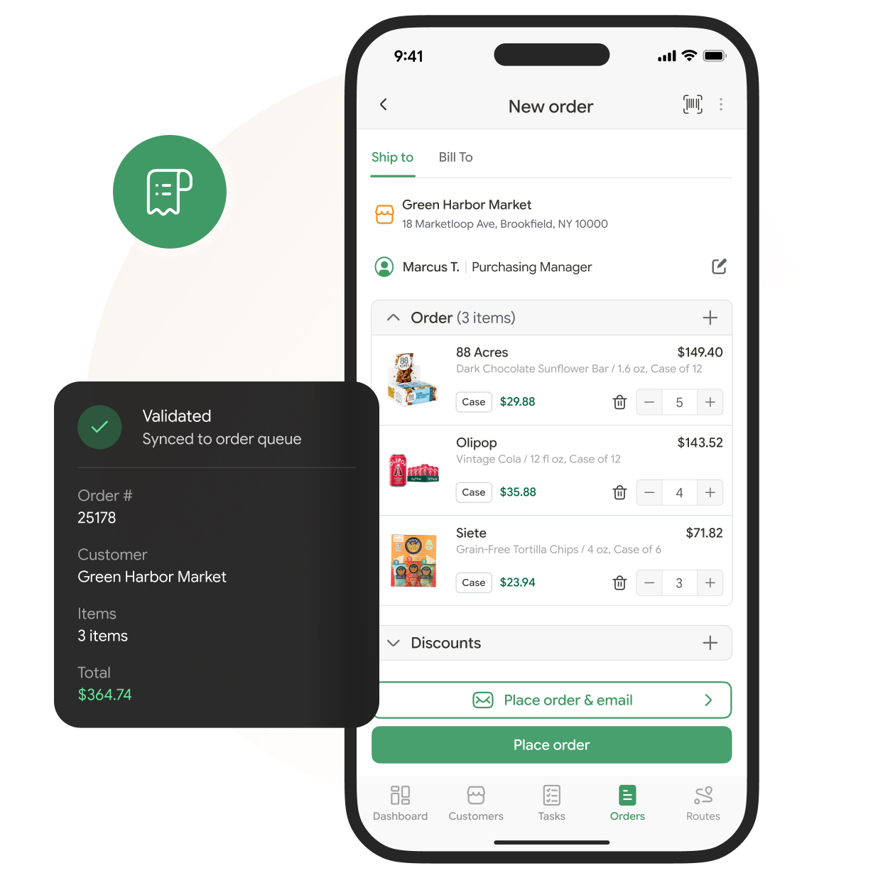 A smartphone screen shows a detailed new order page for Green Harbor Market, highlighting item information. A pop-up message confirms the order is validated and lists the total price of $364.74 for three items. Navigation icons for the shopping app appear at the bottom of the screen.