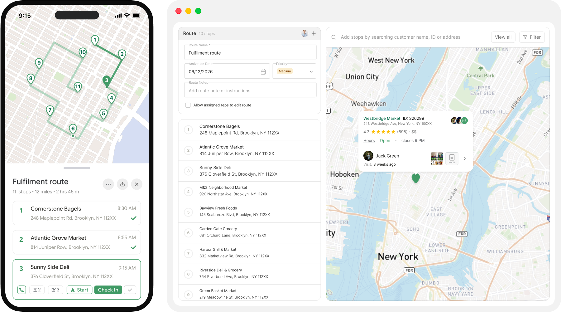 A delivery route planning app is displayed on both a smartphone and a computer monitor, featuring an interactive map of Brooklyn and New York City with marked stops. The screens show detailed food delivery routes along with customer profiles and order information, illustrating efficient logistics management for urban deliveries.