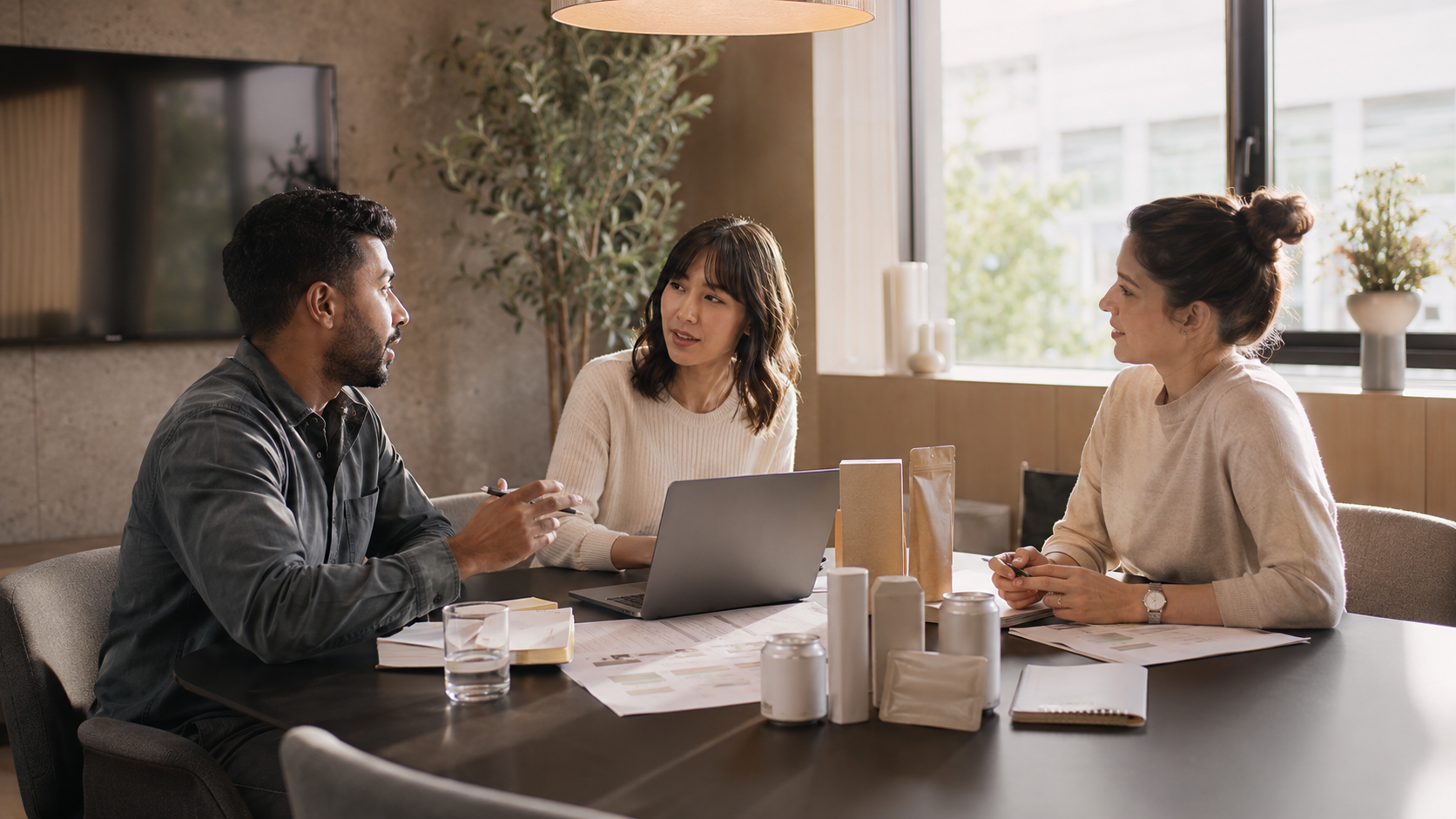 In a bright, modern office filled with natural light and greenery, three colleagues sit around a table engaged in a focused discussion about a consumer packaged goods (CPG) sales platform. The workspace features scattered papers, an open laptop, and drinks on the tabletop, creating an organized yet dynamic atmosphere perfect for collaboration.
