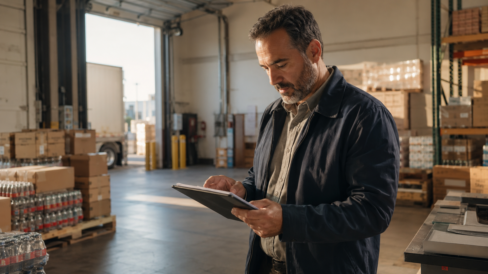 A man stands in a brightly-lit warehouse, using a tablet to check inventory on an advanced CPG sales platform. Shelves and pallets filled with boxes and bottled beverages surround him, while natural sunlight pours in from an open loading bay door in the background.