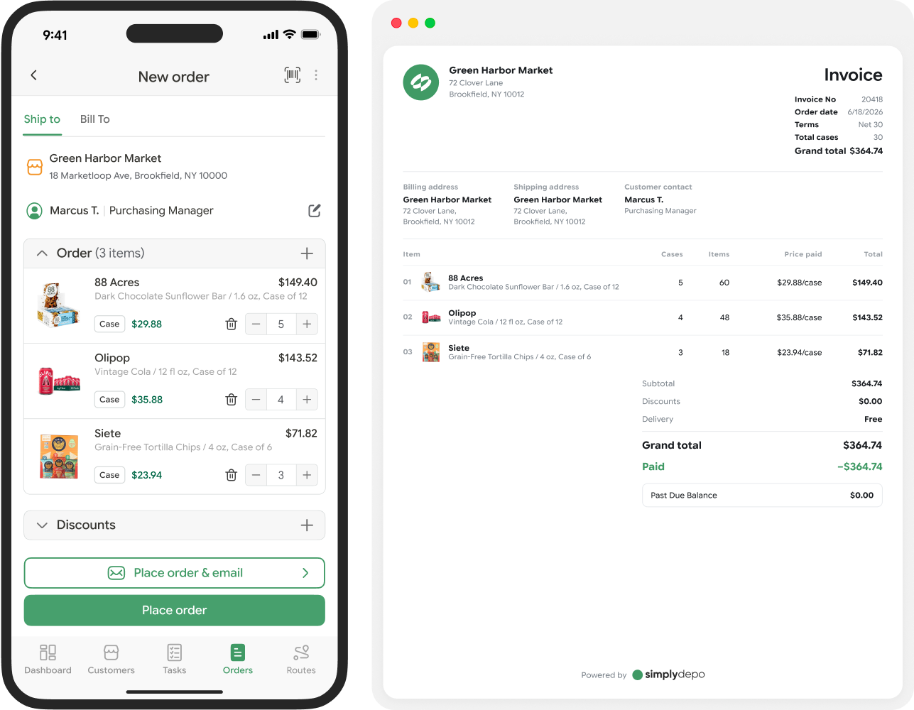 A smartphone displays a Green Harbor Market grocery order summary, while a tablet shows an invoice with details and the SimplyDepo logo.