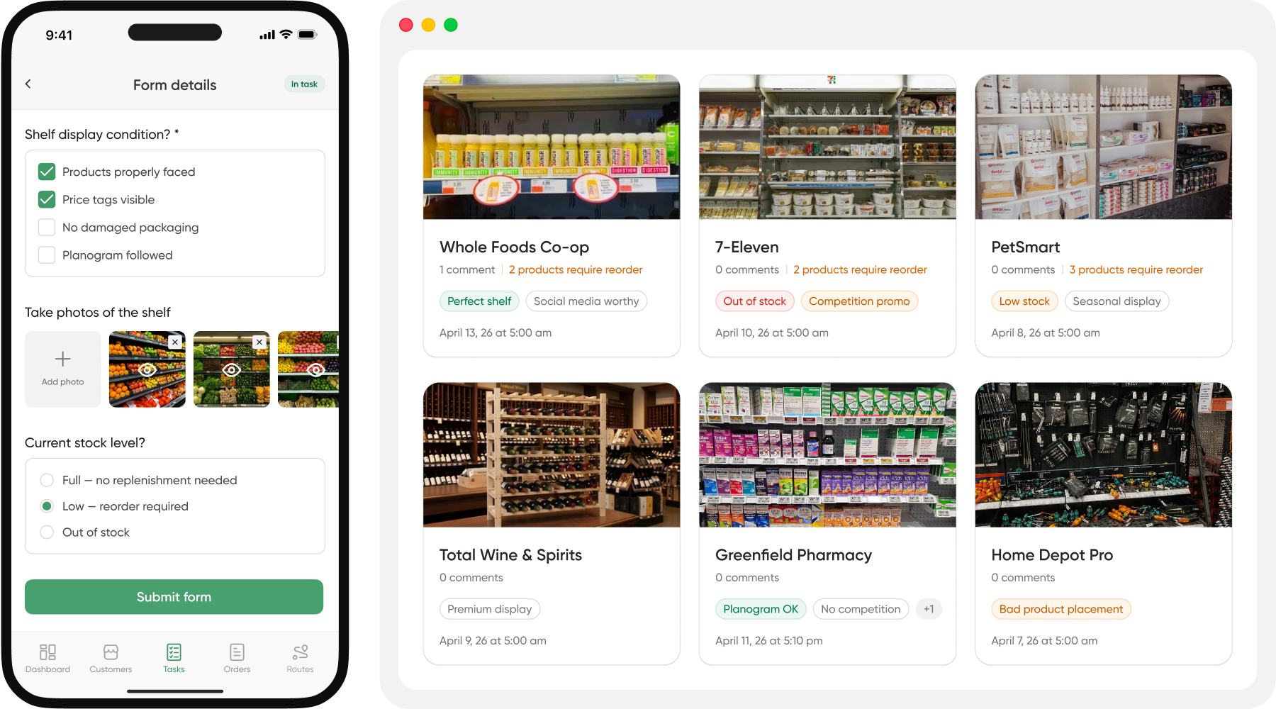 A smartphone screen features a detailed shelf audit form, while a desktop monitor displays six store shelves, each with visible product status labels and reorder notifications for efficient inventory management across multiple stores.