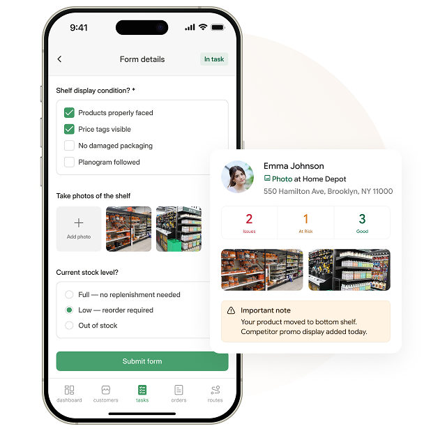 Merchandising checklist with shelf photos and compliance tasks