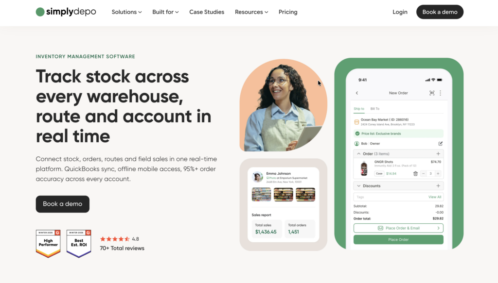 SimplyDepo site: real-time stock tracking, inventory app, happy worker.