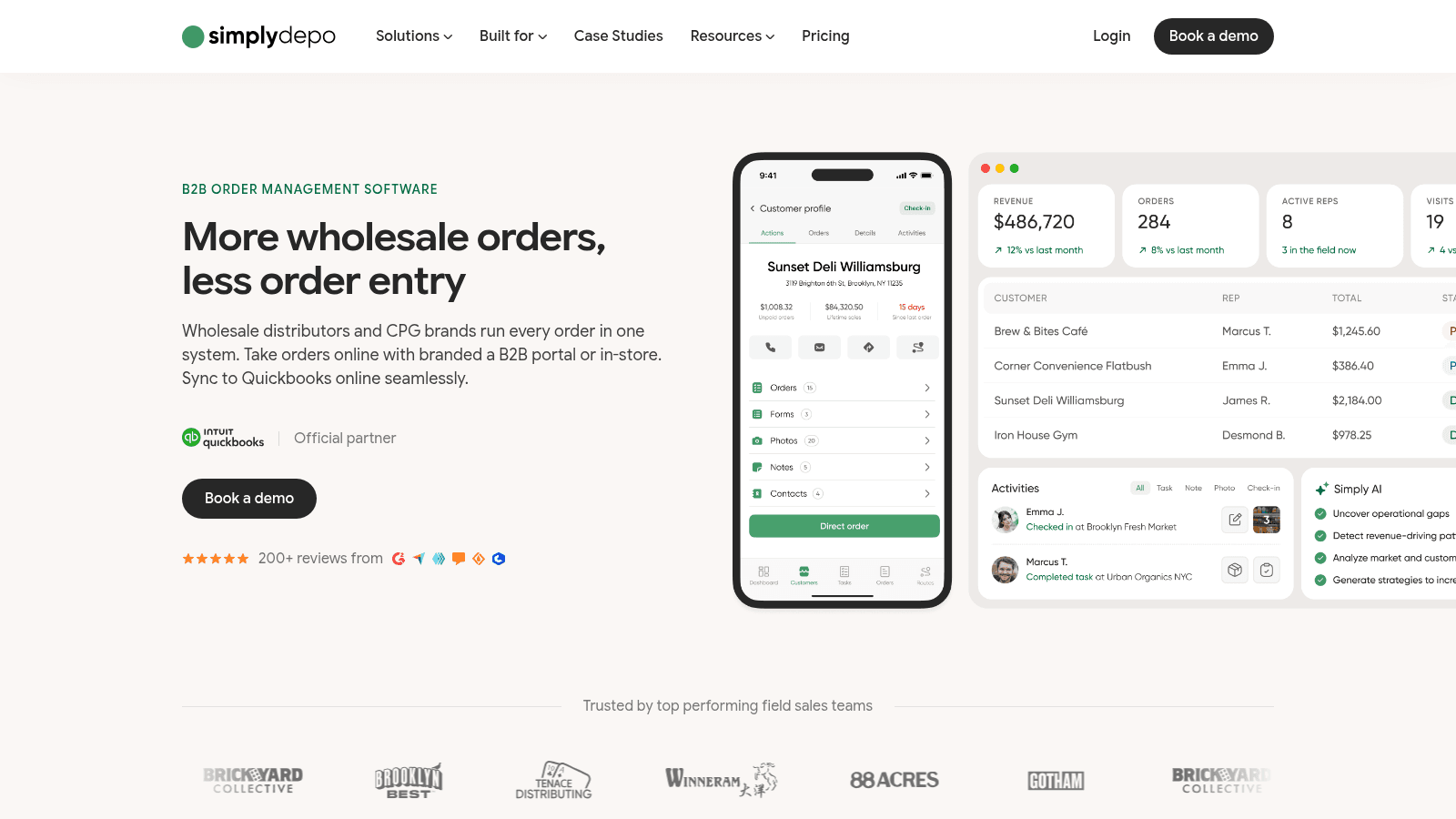SimplyDepo B2B order management page with customer profile and dashboard.