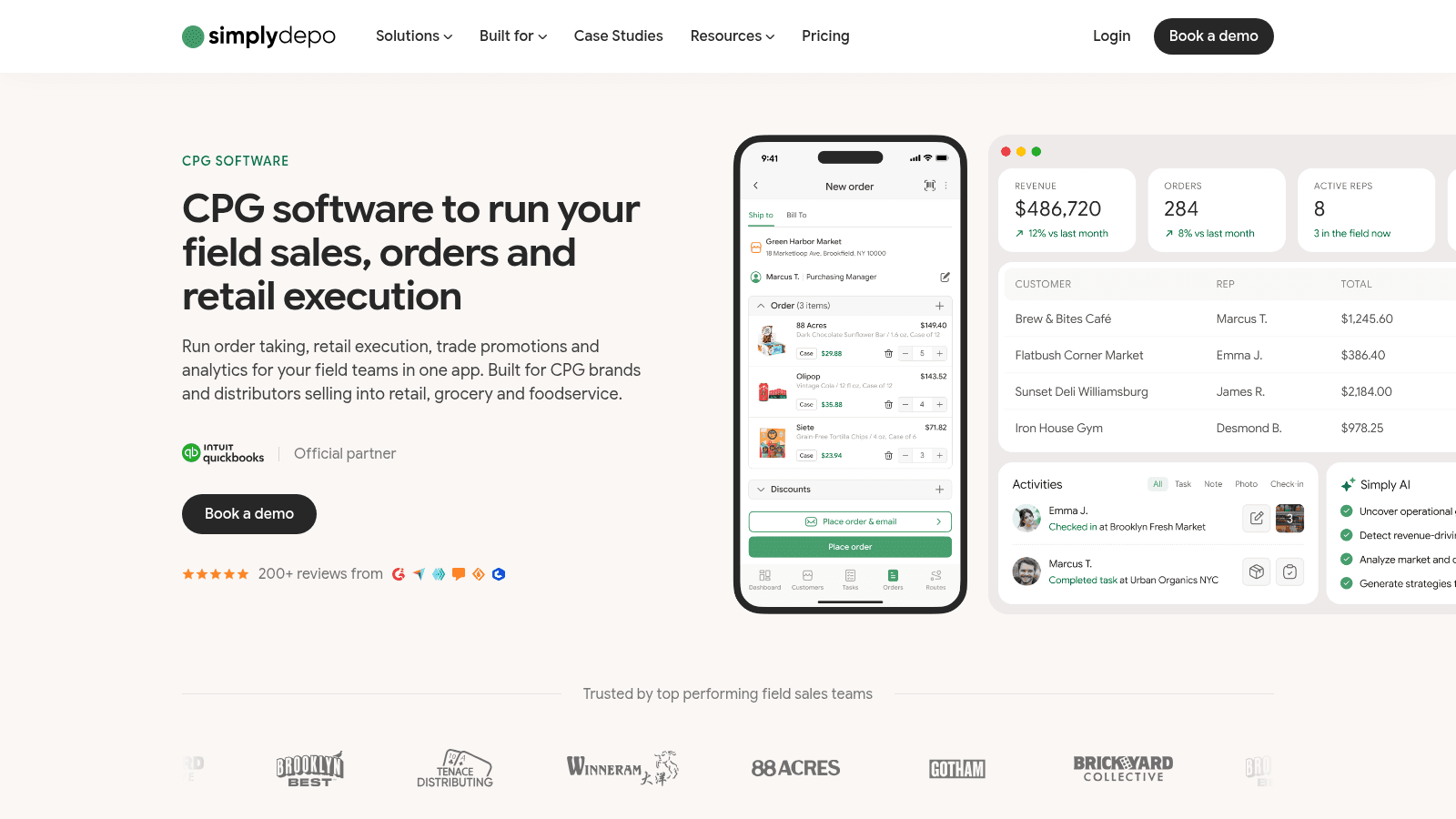 SimplyDepo CPG software page with mobile order entry and dashboard.