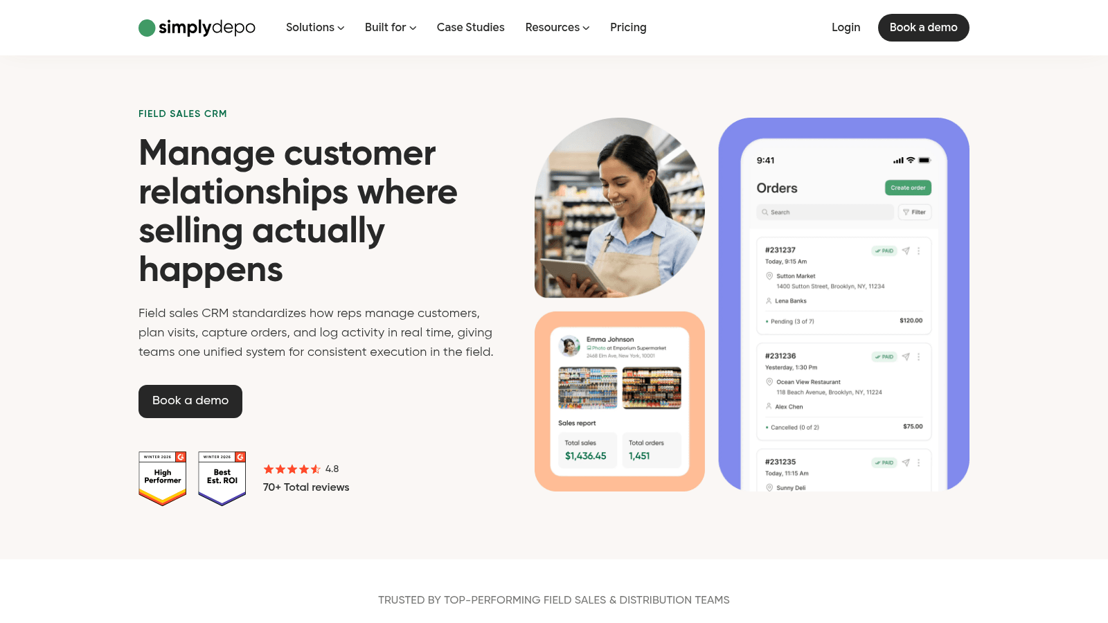 SimplyDepo field sales CRM page with rep orders and sales report.