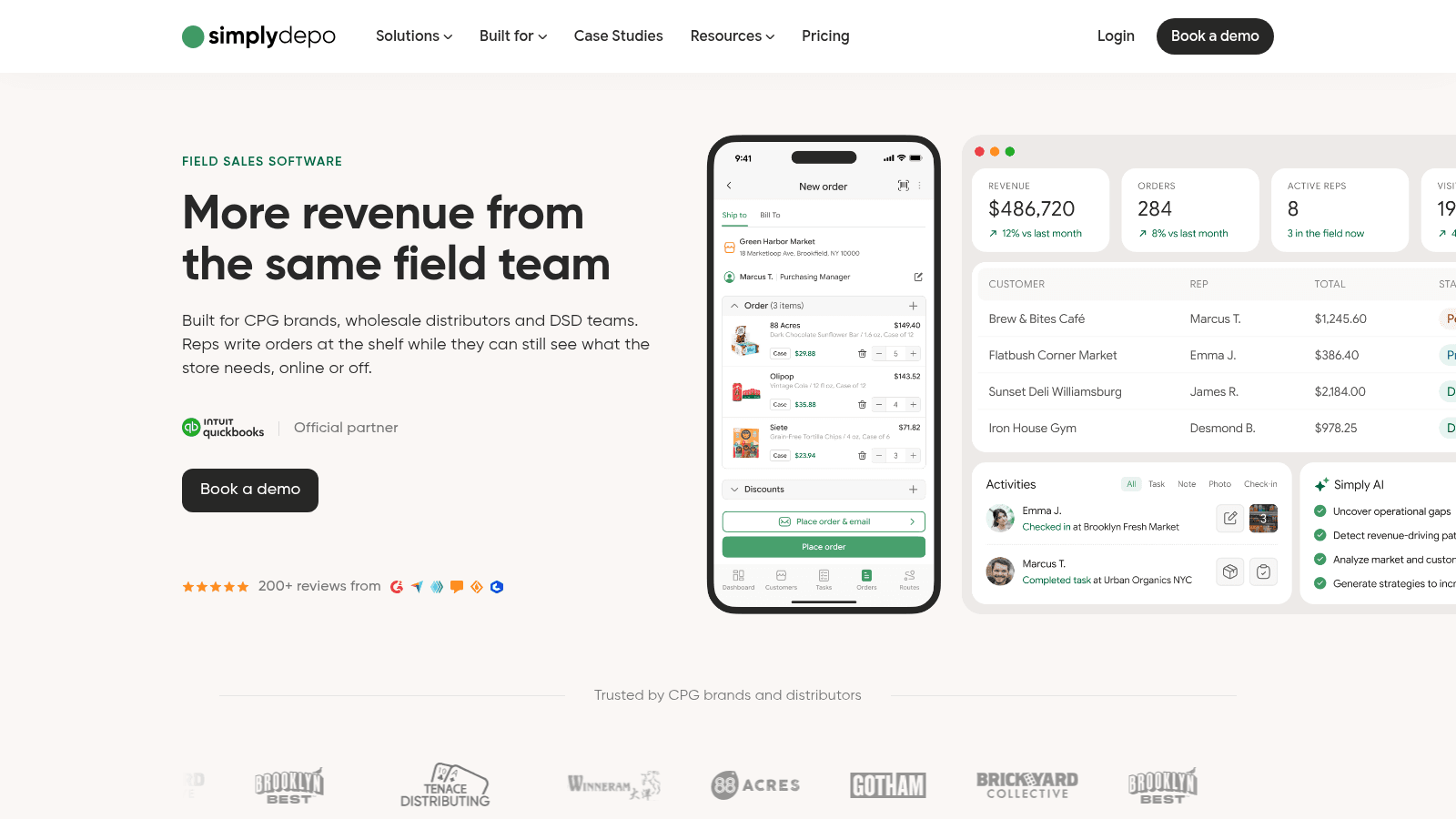 SimplyDepo field sales page with mobile ordering and rep dashboard.