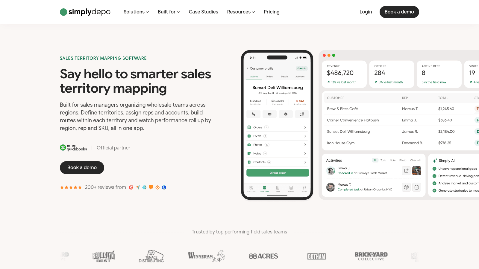 SimplyDepo territory mapping page with customer profile and dashboard.