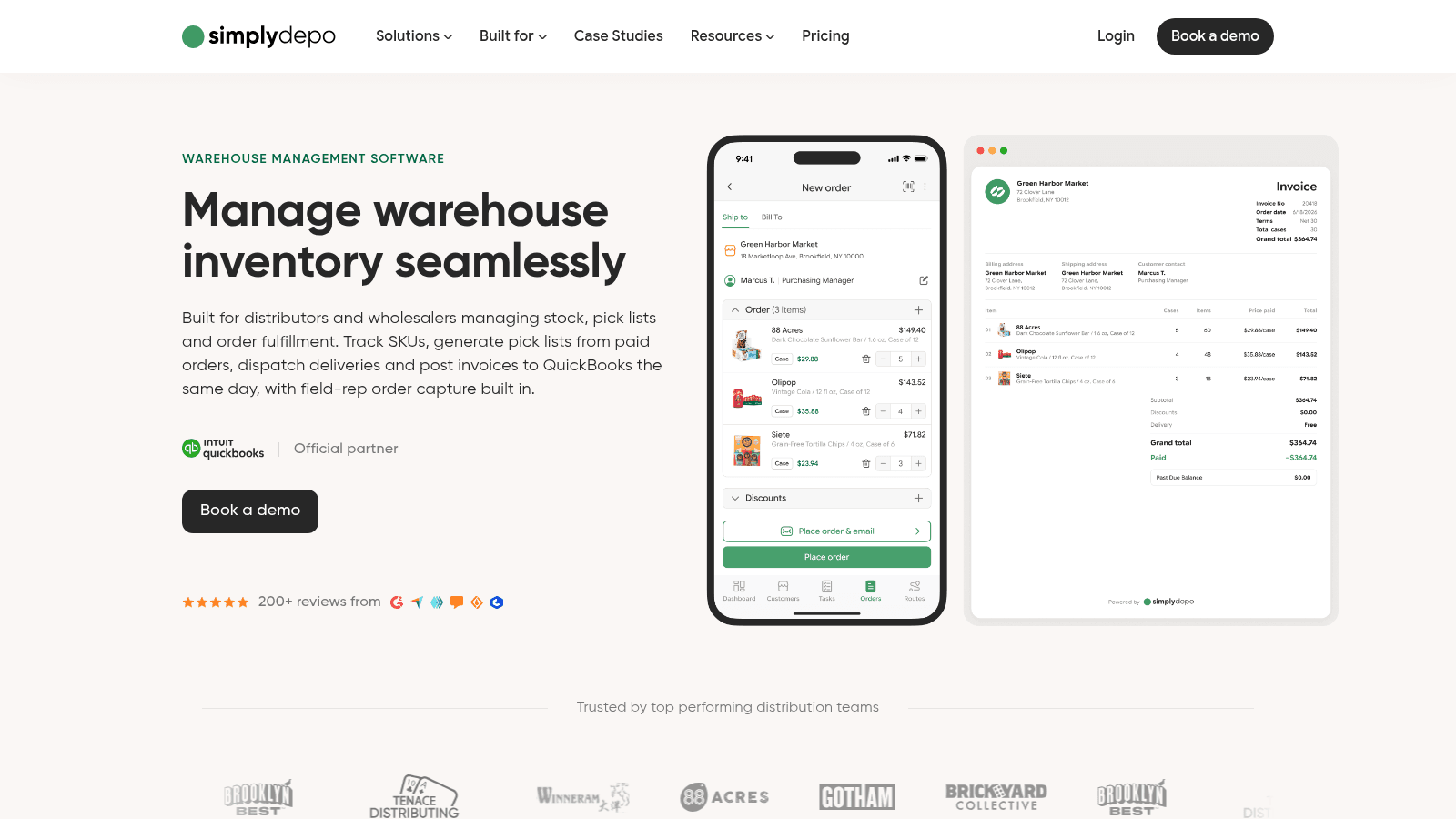 SimplyDepo warehouse page with mobile order and invoice screens.