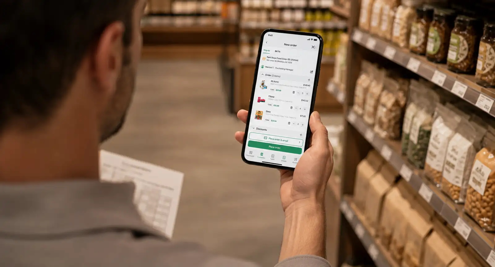 Shopper checking smartphone shopping list in grocery store aisle.