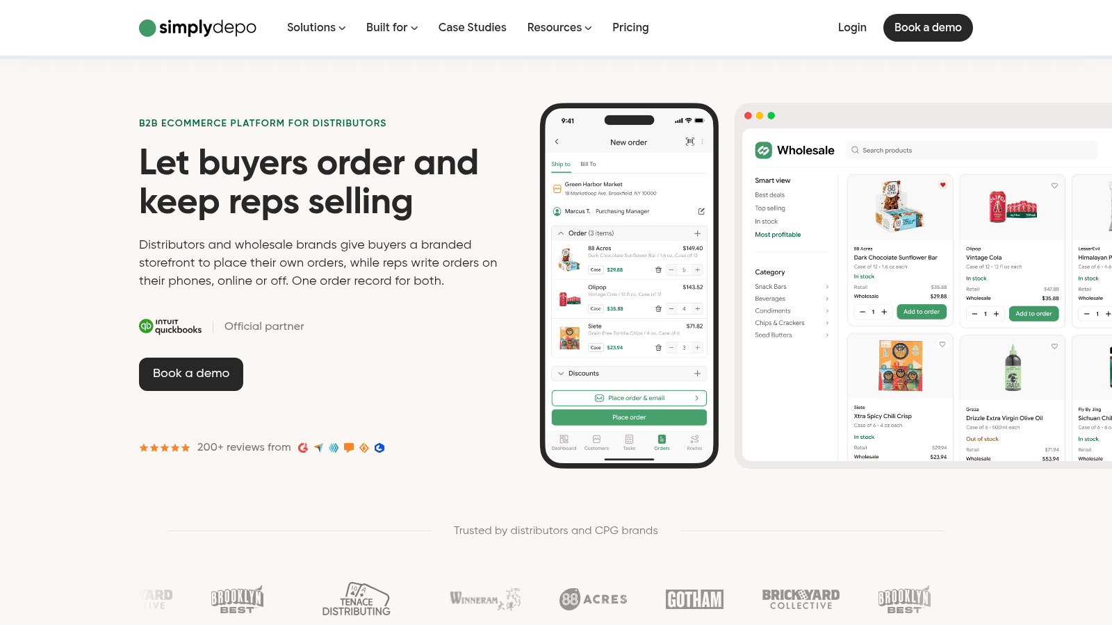 SimplyDepos homepage with B2B eCommerce tools and demo button.