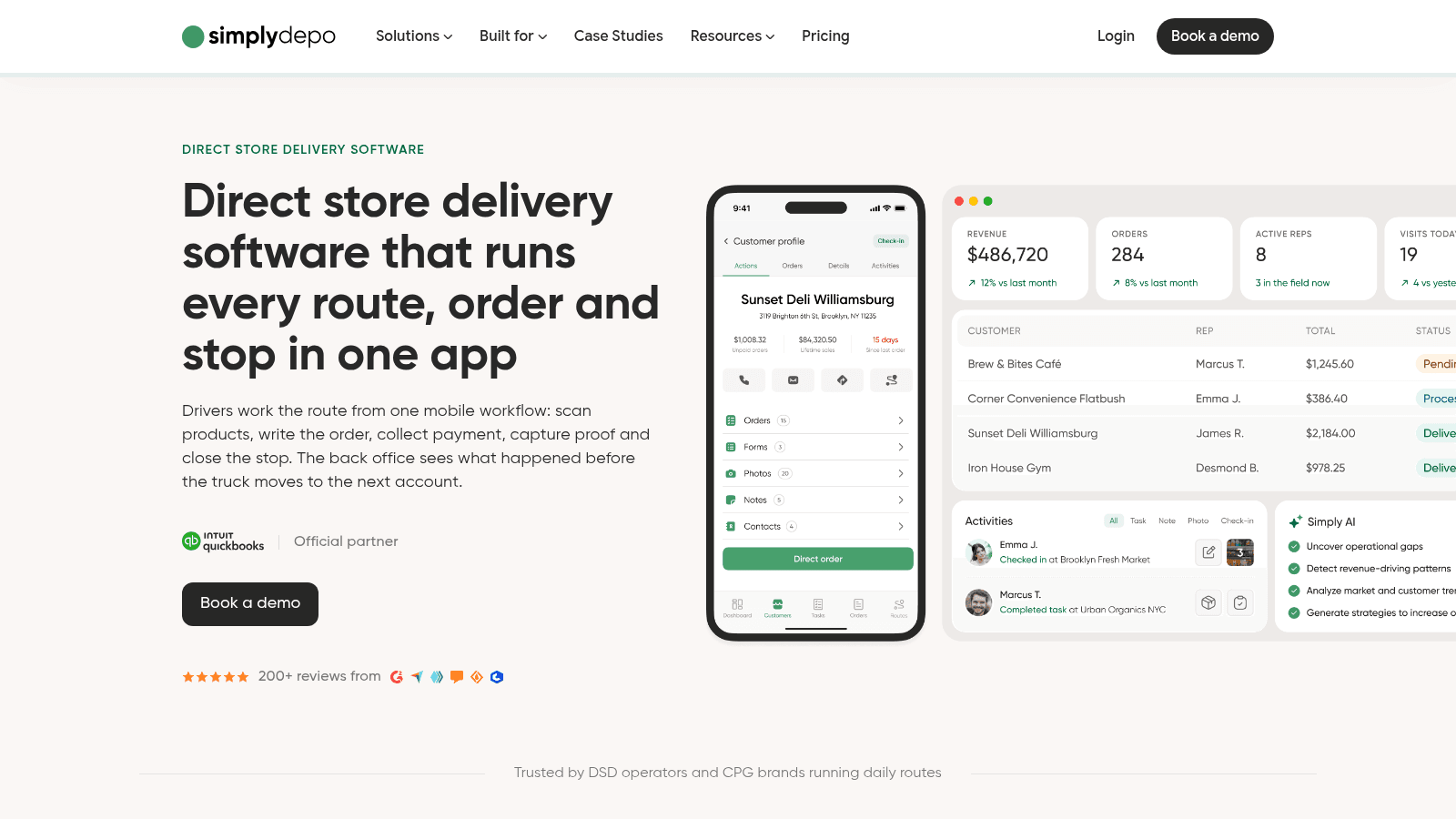 SimplyDepos homepage with DSD features, app preview, reviews, QuickBooks, dashboard.